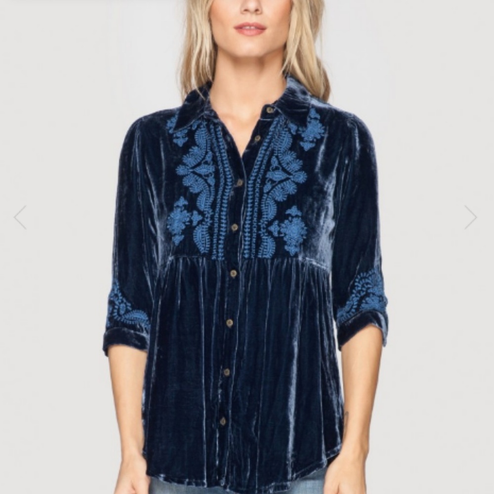 Johnny Was Blue Everly Velvet Smock Tunic Shirt